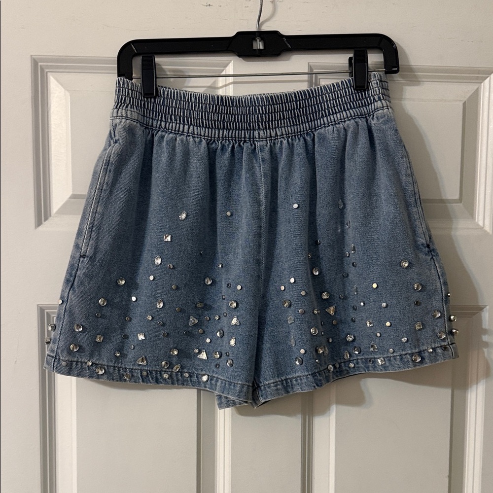 Sandro Light Blue Denim Jean Shorts with Stud Embellishments